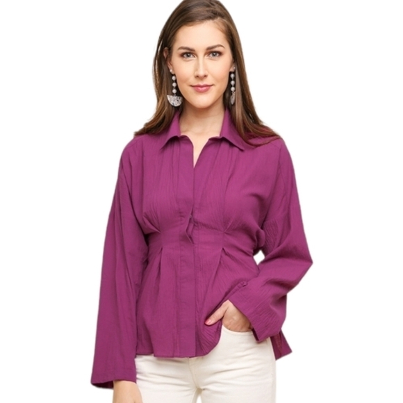 UMGEE - Long Sleeve Pleated Front Collared Top with a Waist Tie - Picture 2 of 4